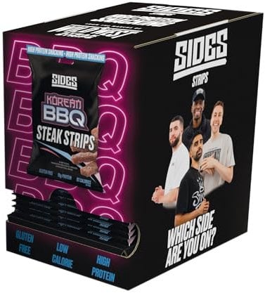 Sides - Steak Strips - Korean BBQ Flavour - High Protein Beef Jerky Meat Snack - Box of 16 x 35 g Packs