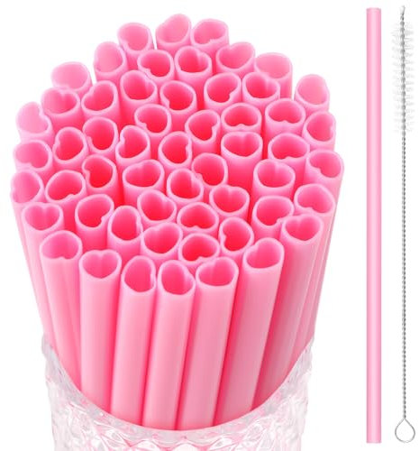 JANYUN 30 Pcs Heart Shaped Straws Pink Plastic Straws, Reusable Valentines Straws Cute Pink Heart Drinking Straws for Valentines Day Party Favors Birthday Bridal Shower Wedding Supplies