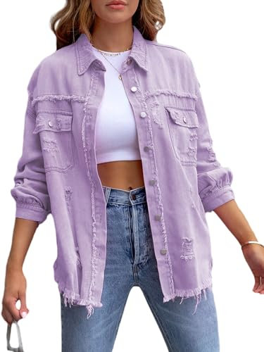 Fiacafyo Women's Denim Jackets Solid Color Button Down Coat Jacket Vintage Casual Long Sleeve Denim Jacket With Pockets (B-Purple, XL)