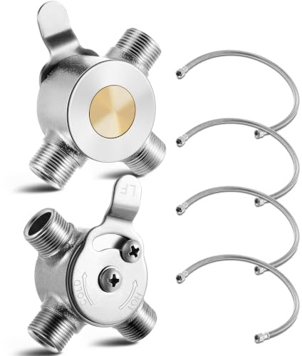 Yaocom 2 Pcs 3/8 Manual Mixing Valve Hot Cold Water Temperature Mixer Thermostatic Mixing Valve for Home and Bathroom Below Deck to Adjust Water Temperature, 4 Braided Faucet Connector Included