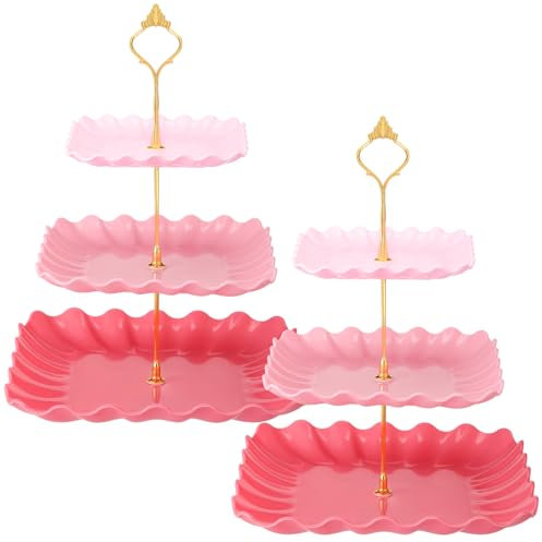Lallisa Paquete de 2 soportes para cupcakes de 3 niveles, platos de postre rosados, cuadrados, de plástico, torre de exhibición para bodas, fiestas de cumpleaños, fiestas de té y baby shower