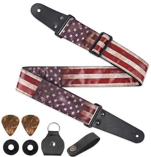 Czzmy Gitarrengurt, Verstellbarer Gitarren-Gurt Gitarrenband Guitar Strap mit Lederenden Plektrum Knöpfe Gitarrenhals Gurt für E-Gitarre Akustikgitarre Bass(1-USA Flag2)