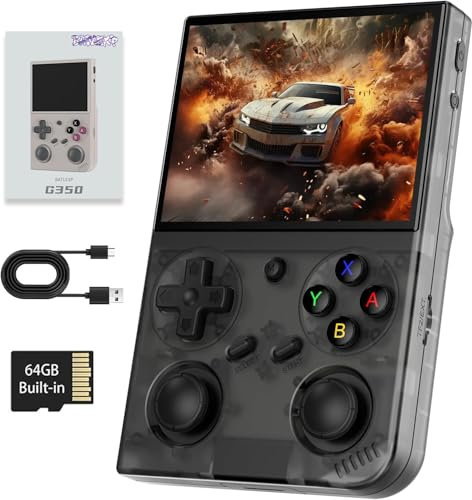 G350 Consolas de Juegos Portátil , 3.5 Inch IPS Screen Linux System Built-in 64G TF Card 4371 Games Preloaded Game Console 3200mAh Battery(Transparent Black)