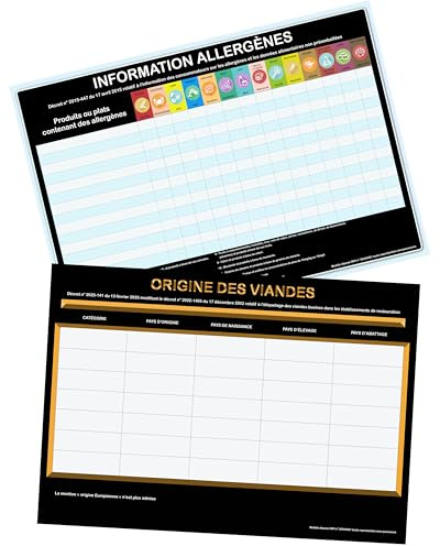 Tableau des allergènes et tableau d'origine des viandes- Affichage OBLIGATOIRE pour tout établissement de restauration - format paysage, noir - Affichage format A4 plastifié, Matt.