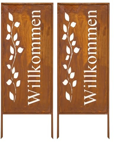 Kapaga - Sichtschutz Metall 2x - 100 cm x 40 cm - Willkommensschild Willkommen - Edelrost - Rostoptik Sichtschutz für Garten - Sichtschutzelement - Sichtschutzwand - Gartendekoration Zaun - Rost