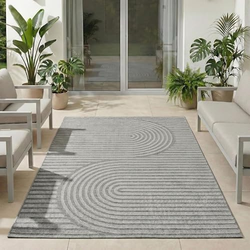 Carpetsale24 Outdoor Teppich Grau 140x200 cm, Wetterfest & UV-beständig, ideal für Küche, Balkon, Terrasse, Garten auch Wohnzimmer und Esszimmer, Skandinavisches Boho-Design, Leicht zu Reinigen