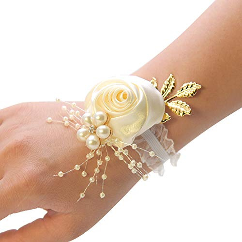 YKAFADE 2 Stück Braut Handgelenk Blume, Braut Blume Armband mit Perle Hochzeit Dekoration Blumenarmband Brautjungfer Mädchen Hand Blume Für Brautjungfer, Tanz, Abschlussballparty, Bankett -Beige