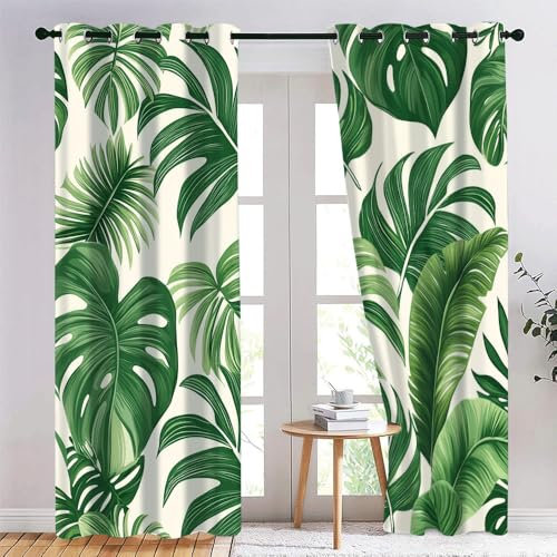 Rideau Occultant Feuilles de palmier vertes Plante à feuillage tropical Jungle Motif Rideaux Thermiques à Oeillets, Rideaux Imprimé pour Salon Chambre Fenetre Moderne Décoration L 132x H 214cm x2