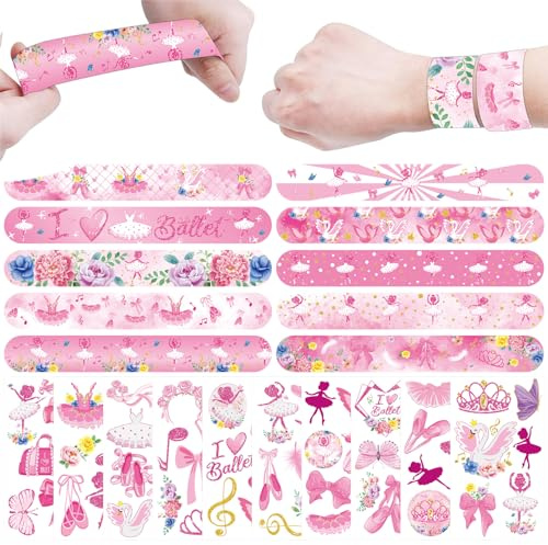 ENCETARDE 60PCS Ballerina Party Set, 30PCS temporäre Tattoos, 30PCS Slap Armbänder, Ballett Geburtstag Zubehör, Frauen Tanzparty Dekoration, Geschenke, Klassenzimmer Belohnungen, Dekor für Kinder