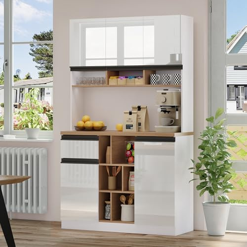 Gegtuon Küchenschrank Vitrinenschrank, Buffetschrank Küchenschränke mit Regal und Türen für Küche, Mehrzweckschrank Hochschrank mit Verstellbaren Ablagen und Schubladen, 185x105x45 cm (Weiß)