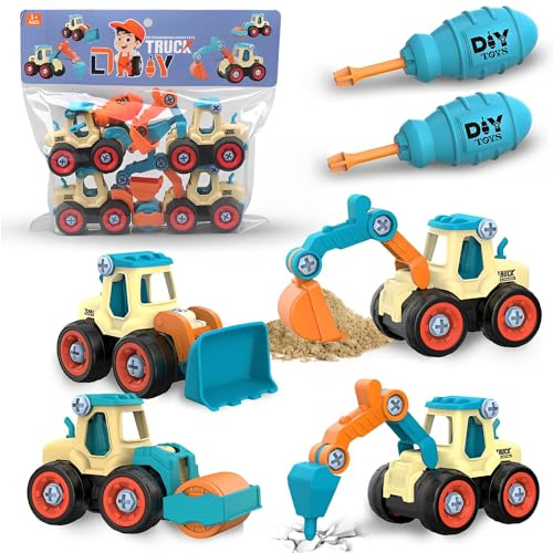 Cylora Baufahrzeuge Spielzeug ab 3 Jahre, 4 in 1 DIY Zerlegbare Baustellenfahrzeuge Set, Bagger Spielzeug, Tolle Sandspielzeug und Lernspielzeug, Jungen