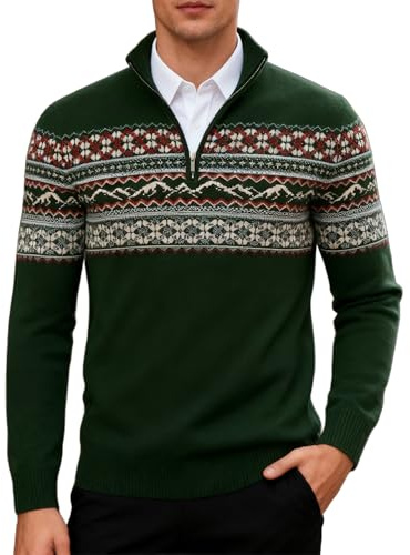 Rave on Friday Herren Half Zip Pullover Norweger Strickpullover Fair Isle Stehkragen Pullover Troyer Herren Winterpullover Slim Fit Sweater Grün M