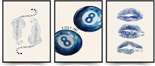 Linilioart Blaue Poster, flippiger Geparden-Wandkunst, Retro-Poster, Lucky 8, Ball, Poster, Set mit 3 trendigen Kusslippen, adretter Druck für Schlafzimmer, ungerahmt (20 x 25 cm)
