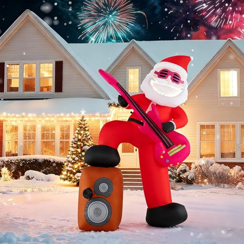 GYMAX 180 cm Aufblasbarer Weihnachtsmann mit Gitarre, Weihnachtsdeko mit Musik & lustigen Lichtern, aufblasbar Rockender Weihnachtsmann mit Gebläse, Heringen & Kabelbindern für Garten