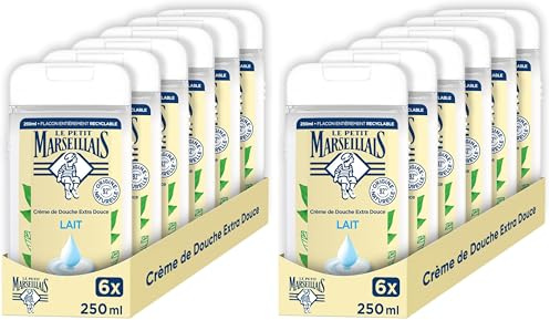 Le Petit Marseillais | Crème de Douche Extra Douce Lait (lot de 12 flacons de 250 ml) – Gel douche avec 92% d'ingrédients d'origine naturelle – pH neutre pour la peau et sans colorant