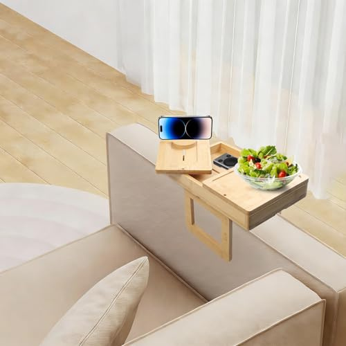 STEEIRO Couch Arm Armlehne mit Aufbewahrungsbox, für Wohnzimmer Getränke | 180° Drehbare Tischplatte und Telefonständer, für Wohnzimmer Getränke Knabbereien Essen