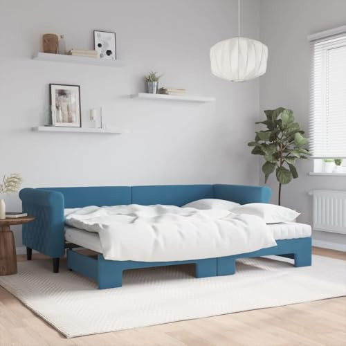 QJBSAVVA Ausziehbares Tagesbett 80x200 in Samt Blau mit 2 Matratzen 229x90x68-172 cm Modernes 2in1 Schlafsofa mit Rollkasten und Holzrahmen für Living Room Guest Room Home Office