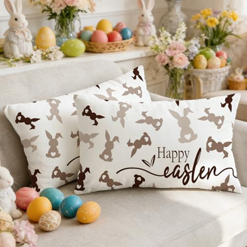 Luzzxfa 2er Set Ostern Kissenbezug 30x50 Braun Kaninchen Osterdeko Frühling Kissenbezüge Kissenhülle Sofakissen Dekokissenbezug Couchkissen Weich für Sofa Schlafzimmer Wohnzimmer Outdoor Garten