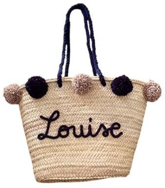 Générique Panier Cabas Personnalisé en Fibre Naturelle avec Pompons, Sac de Plage en Paille Tissée avec Broderie, Anses Tressées (Ances bleu marine)