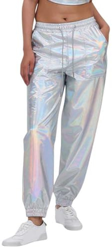 Metallic Glänzed Hose Damen Glitzer Partyhose Silber Hose Hip Hop Jogginghose Silberne Haremshose Holographische Farbe Streetwear 70er 80er Jahre Outfit Tanzhosen Party Disco Club Karneval Kostüm