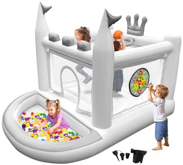 DIYJOTOFUN Castillo hinchable de PVC para niños de 3 a 8 años, 5 en 1, con zona de saltar, piscina de bolas, canasta de baloncesto, anillos y juego de objetivo, incluye bomba, color blanco