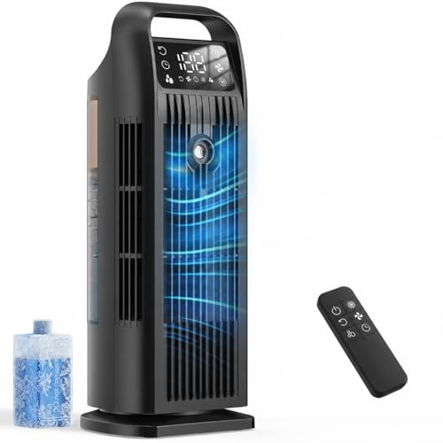 Mobile Klimaanlage ohne Abluftschlauch 6-in-1, Luftkühler mit Wasserkühlung, Mini Klimaanlage Mobil, Klimagerät, 120° Oszillation, 1200ML Tank, 1-12H Timer, Fernbedienung, Mitternachtsschwarz