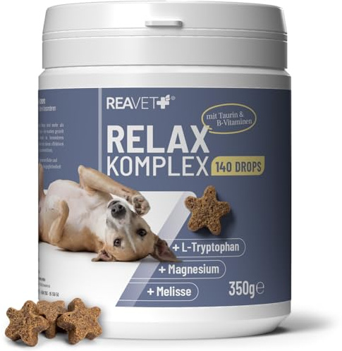 ReaVET Beruhigungs Drops für Hunde 350 g (140 Stück) – Relax Komplex mit L-Tryptophan – Leckerli zur Beruhigung bei Stresssituationen wie Gewitter & Reisen, Unterstützung von Ruhe – getreidefrei