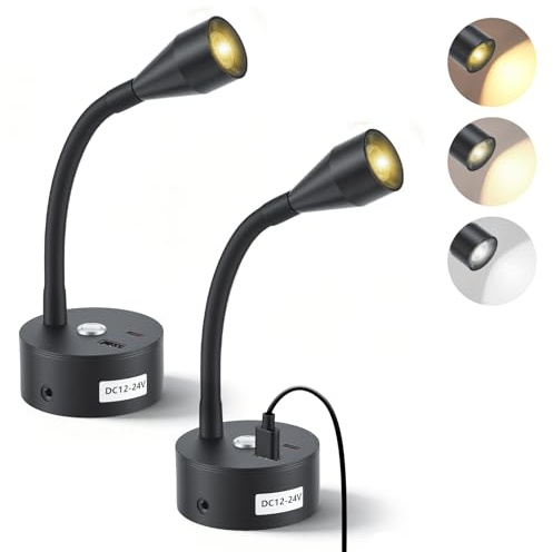 Eirolace LED Leselampe 12V Wohnmobil, 360° Flexible Schwanenhals Bettlampe, Touch Dimmbar 3000K-6000K einstellbare Helligkeit mit USB A+C-Anschlüssen für Boot Wohnwagen, Fest verdrahtet Wandmontage