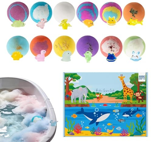 Schäumende Bunte Badebomben für Kinder mit Spielzeug 12er Stück als | Spa Badebomben für Kinder Mädchen Badewanne Kindertag Geburtstag