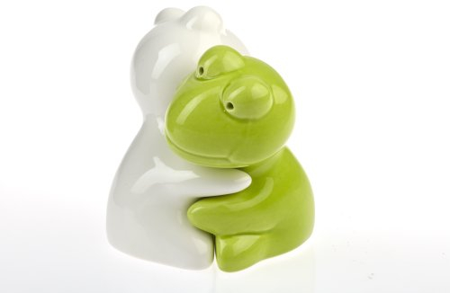 by-Bers Frosch Umarmung, auch als Kuh, Maus, Tiere, Elefant Salzstreuer, Salz- und Pfefferstreuer Set als Geschenk, aus Keramik (S+P_Frosch_hellgruen-weiss)