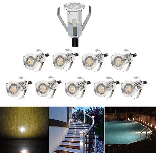 10er Set Mini Treppen Einbaustrahler Ø18mm 0.4W IP67 Wasserdicht 7LM Bodeneinbaustrahler LED Bodenstrahler Aussen und Innen Lampe mit 12V Netzteil für Garten Terrasse Treppen Beleuchtung Warmes Weiß