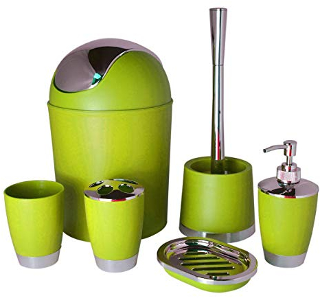 Bathlux Modern Design 6 Piece Bathroom Accessory Set, Toilet Brush, Waste Bin, Soap Dish, Tooth Brush Holder Soap Dispenser, Rinse Cup (Green)