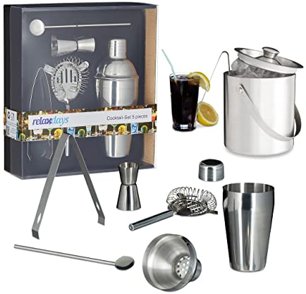 7 Piece Mixed Set for Hobby Bartender Cocktail Shaker with Abseiher, Ice Tongs, Strainer, Jigger Measure, Stainless Steel Ice Bucket