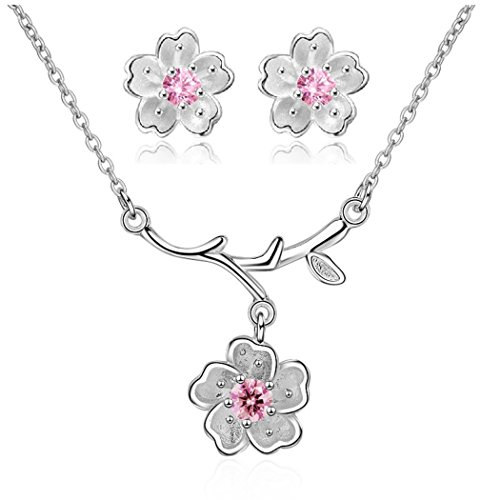 Uloveido Pink Little Cherry Flower Bridal Earrings and Pendant Necklace Set for Girls Women Sakura Wedding Jewellery Set DT340