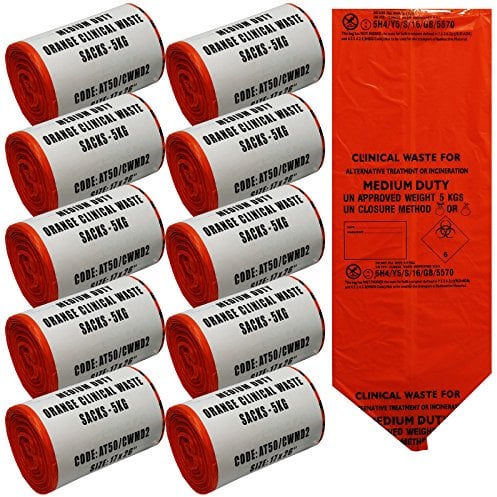 500 Orange Medium Duty Clinical Medical Surgical Waste Disposal Sack Bags