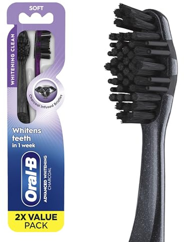 Oral-B 3D White Charcoal toothbrush, 2 count SOFT manual tootbrush pack, Whitens teeth, removes plaque and stains, tongue scraper tooth brush
