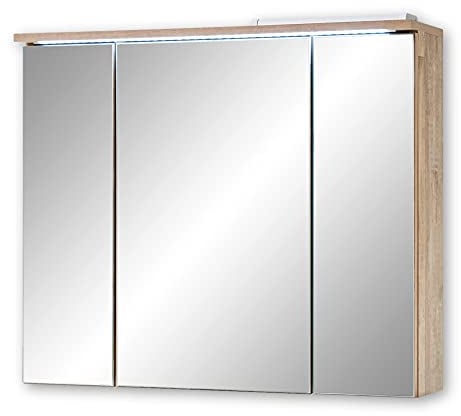 Stella Trading ROOF Spiegelschrank Bad mit LED-Beleuchtung in Eiche Old Style Optik - Badezimmerspiegel Schrank mit viel Stauraum - 80 x 68 x 21 cm (B/H/T)