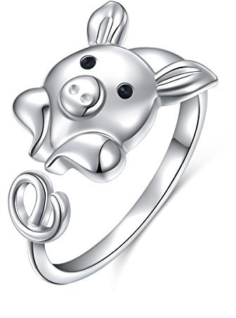 925 Sterling Silber Niedlicher Schwein Wickelring für Damen Frauen Mädchen, Offener Tierring Einstellbare Größe (Schweinchen)