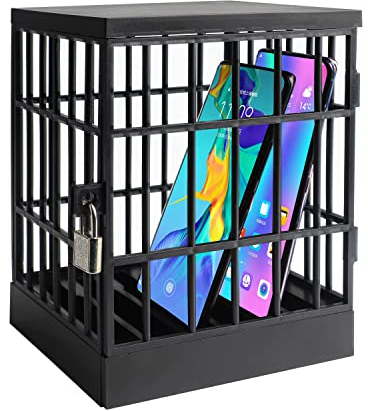 Mobile Phone Jail Cell Phones Prison Lock Up Safe Smartphone Stand Holders Classroom Home Table Office Storage Gadget -Family Time, Party Fun Novelty Gift Idea (Black)