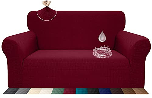 Earnmore Stretch Wasserdicht Sofabezug für 2 Sitzer Stylish Pattern Sofahusse Anti Rutsch Kratzfest Couchhusse mit Anti-Rutsch-Schaumstoffe(2 Sitzer,Weinrot)