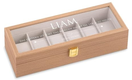 Maverton Uhrenbox mit Gravur für 6 Uhren - Uhrenschachtel Uhrenaufbewahrungsbox aus Holz - personalisiert - braun 31x11x8cm - Geschenk zum Geburtstag für Männer - heute