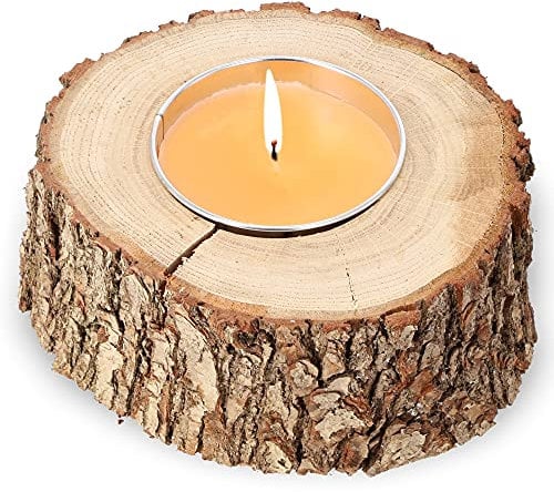 KADAX Vela rústica en tronco de árbol, vela para exteriores, vela de jardín de madera natural, cuenco de llama, vela decorativa, candelabro, vela de madera (naranja, pequeña)
