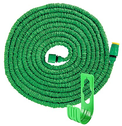 Expandable Garden Hose Pipe 15m/50ft - Expanding Flexible Anti Tangle Portable Lightweight Hosepipe - Includes 7 Function Nozzle Spray Gun Adapters Hanging Hook Holder - Outdoor Patio Lawn Reel