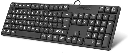 Large Print Computer Keyboard, 104 Keys USB Wired High Contrast Keyboard with Oversized Print Letters for Seniors, Visually Impaired Low Vision Individuals