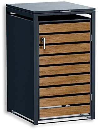 Metzler Mülltonnenbox in Anthrazit & Holzoptik 1 Tonne, Kapazität bis 240L, witterungsbeständiger und pulverbeschichteter Stahl mit Automatikdeckel, abschließbar, Tonnenhaus, Garten- und Müllbox