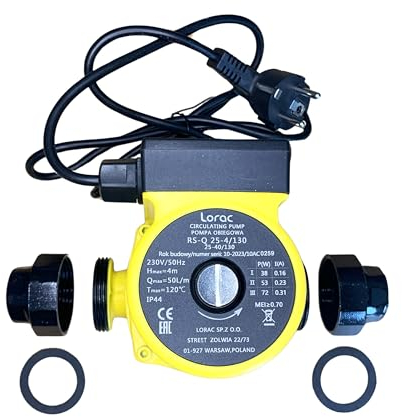 LORAC | Bomba de agua 220-240V RS-Q 25-40/130, bomba de circulación y recirculación para calefacción, bomba de presión de agua con 3 niveles de potencia, bomba circuladora, IP44
