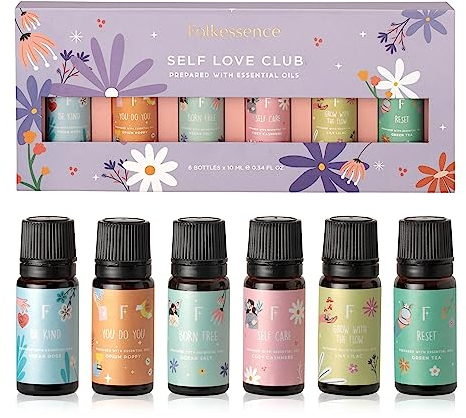 Folkulture Essential Oil Set for Diffuser, Set of 6 Organic Essential Oils for Diffusers for Home, Aromatherapy Diffuser Oil Scents - Rose Lily Cashmere Green Tea Ocean Salt (Self Love Club)