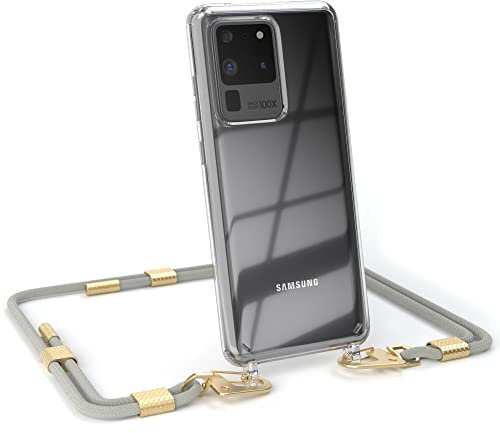 EAZY CASE - kombinierbare Handyketten kompatibel mit Samsung Galaxy S20 Ultra / S20 Ultra 5G, Transparente Silikon-Hülle mit Umhängeband, Abnehmbarer Karabiner, Gurt zum wechseln, Taupe - Clips Gold