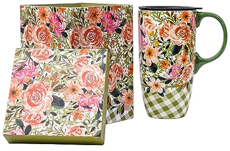 Topadorn Ceramic Travel Mug with Lid and Handle - Large Capacity 17 Oz Coffee Cup, Latte Teacup, Milk Mug - Gift for Coffee Lovers in Color Box - Green Flowers