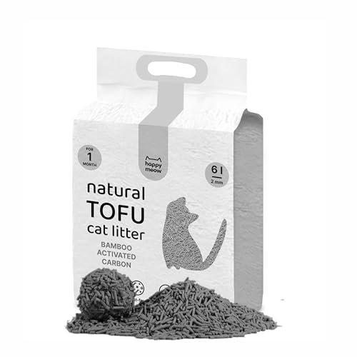 Happy Meow Litière de Tofu pour Chats (6L/2,5kg) Naturel et biodégradable -Agglomérant instantané, Faible en poussière, contrôle des odeurs, Ultra Absorbant, jetable dans Les Toilettes Charbon Actif